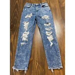 AMERICAN EAGLE Mom Jeans Womens 2R Blue Distressed Stretch High Rise Denim
